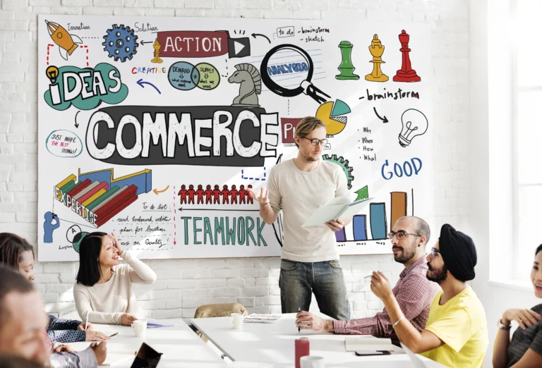 Illustration of multichannel marketing with connected icons for social media, email, website, and ads reaching customers across platforms.