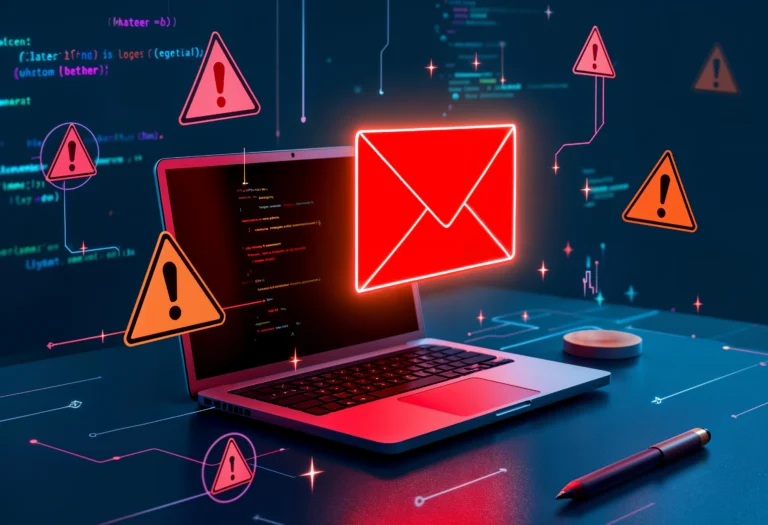 Laptop screen showing a warning sign about email issues, indicating spam or low deliverability problems