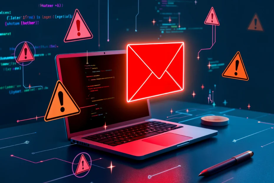 Laptop screen showing a warning sign about email issues, indicating spam or low deliverability problems