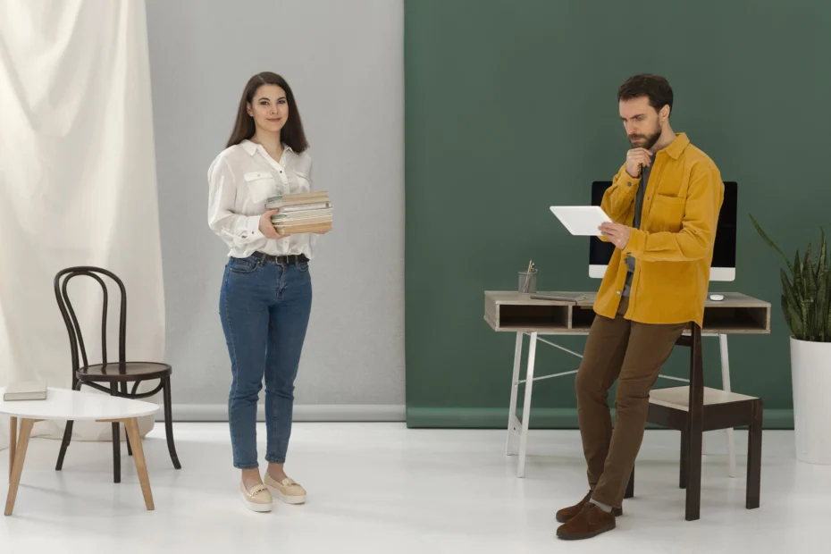 Woman holding a stack of books and smiling while a man stands near a desk using a tablet, in a modern minimal office setting.